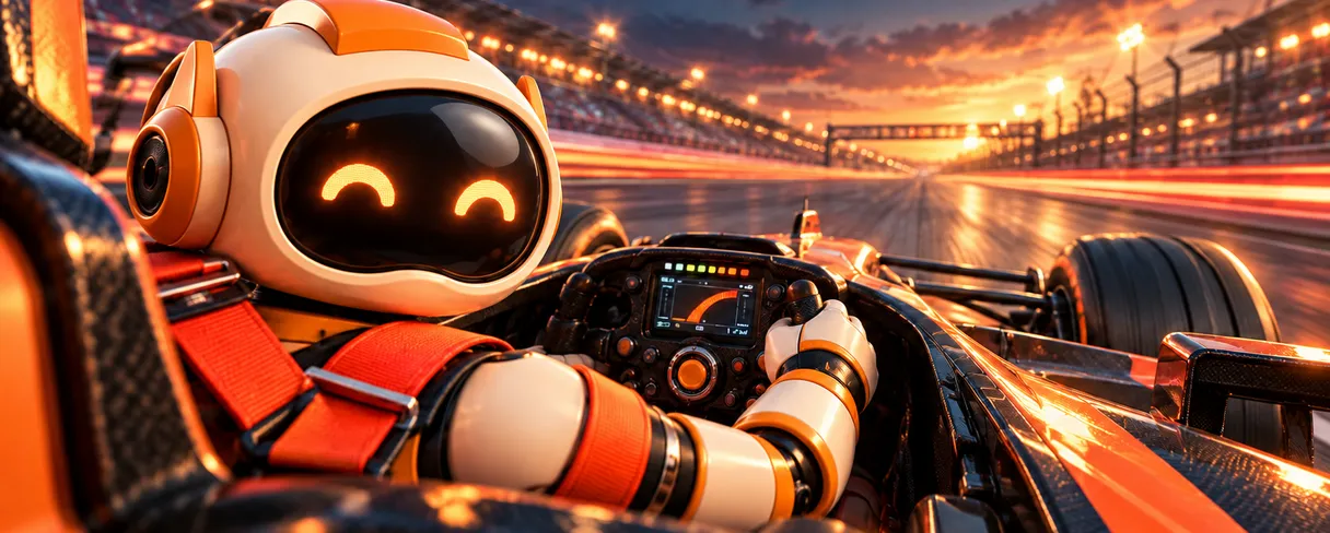 A smiling orange-and-white robot secured by an orange racing harness drives a race car around a sunset-lit track.
