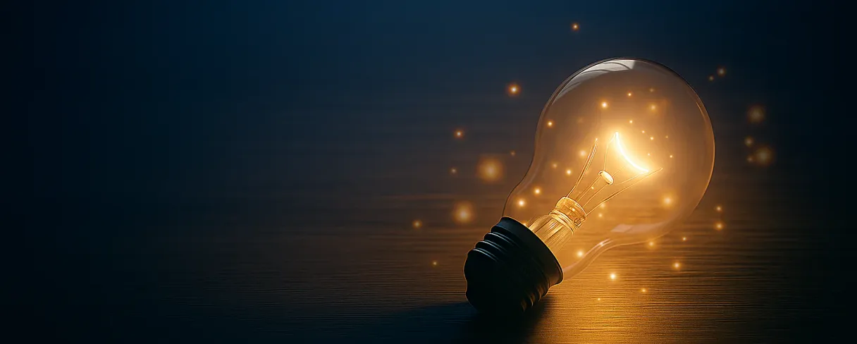 A glowing light bulb on a dark wooden surface